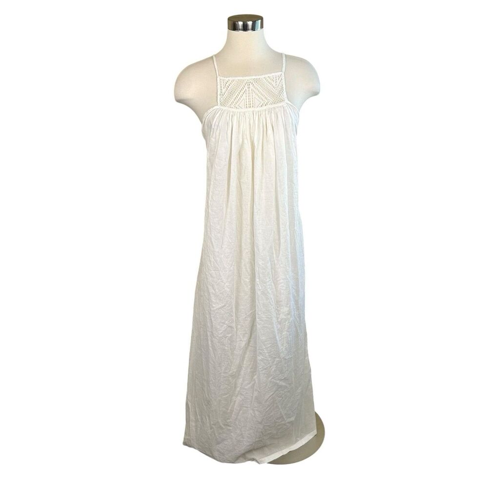 Roxy VTG White Thin Cotton Crochet Placket Halter Maxi Sundress Coverup Sz M